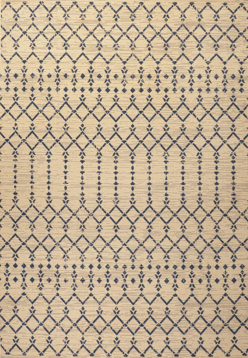 Beige And Navy Blue Trellis Indoor Outdoor Area Rug Photo 1