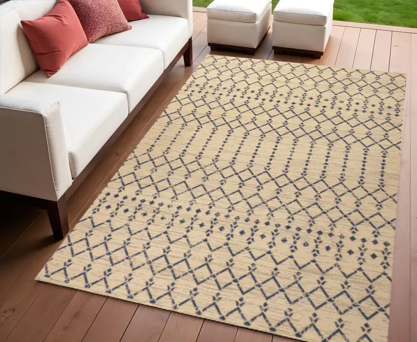 Beige And Navy Blue Trellis Indoor Outdoor Area Rug Photo 1