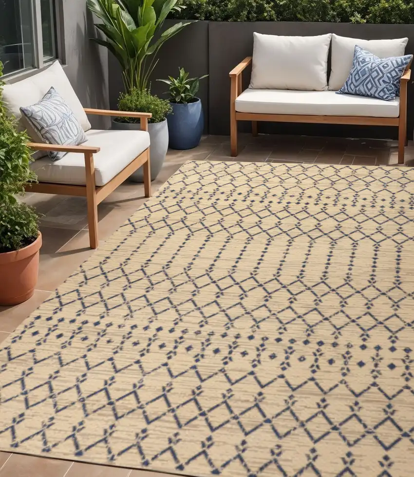 Beige And Navy Blue Trellis Indoor Outdoor Area Rug Photo 1