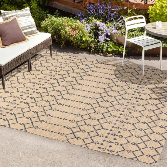 Beige And Navy Blue Trellis Indoor Outdoor Area Rug Photo 9