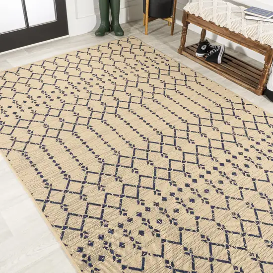Beige And Navy Blue Trellis Indoor Outdoor Area Rug Photo 7