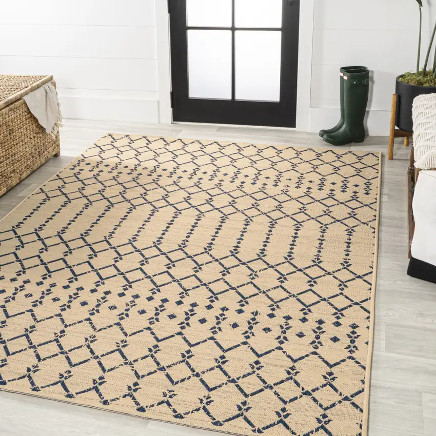 Beige And Navy Blue Trellis Indoor Outdoor Area Rug Photo 5