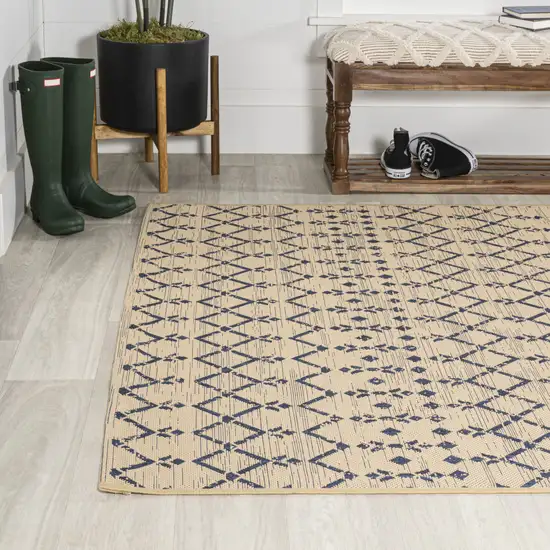 Beige And Navy Blue Trellis Indoor Outdoor Area Rug Photo 6