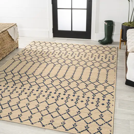 Beige And Navy Blue Trellis Indoor Outdoor Area Rug Photo 5