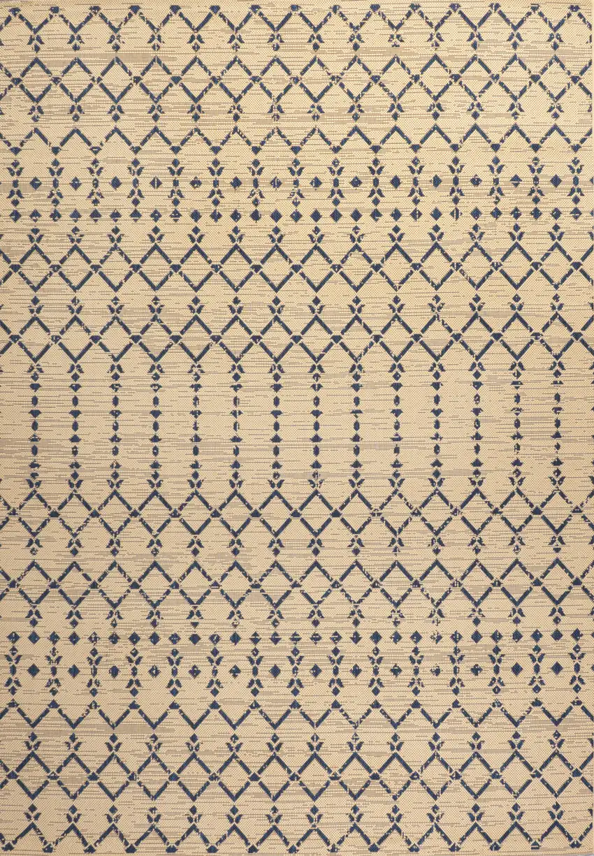 Beige And Navy Blue Trellis Indoor Outdoor Area Rug Photo 3
