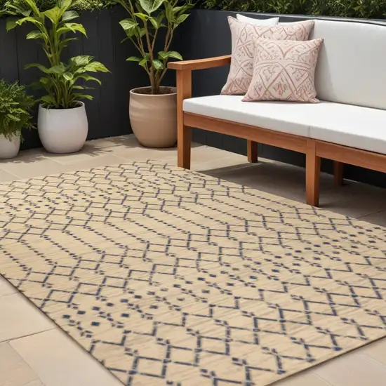 Beige And Navy Blue Trellis Indoor Outdoor Area Rug Photo 1