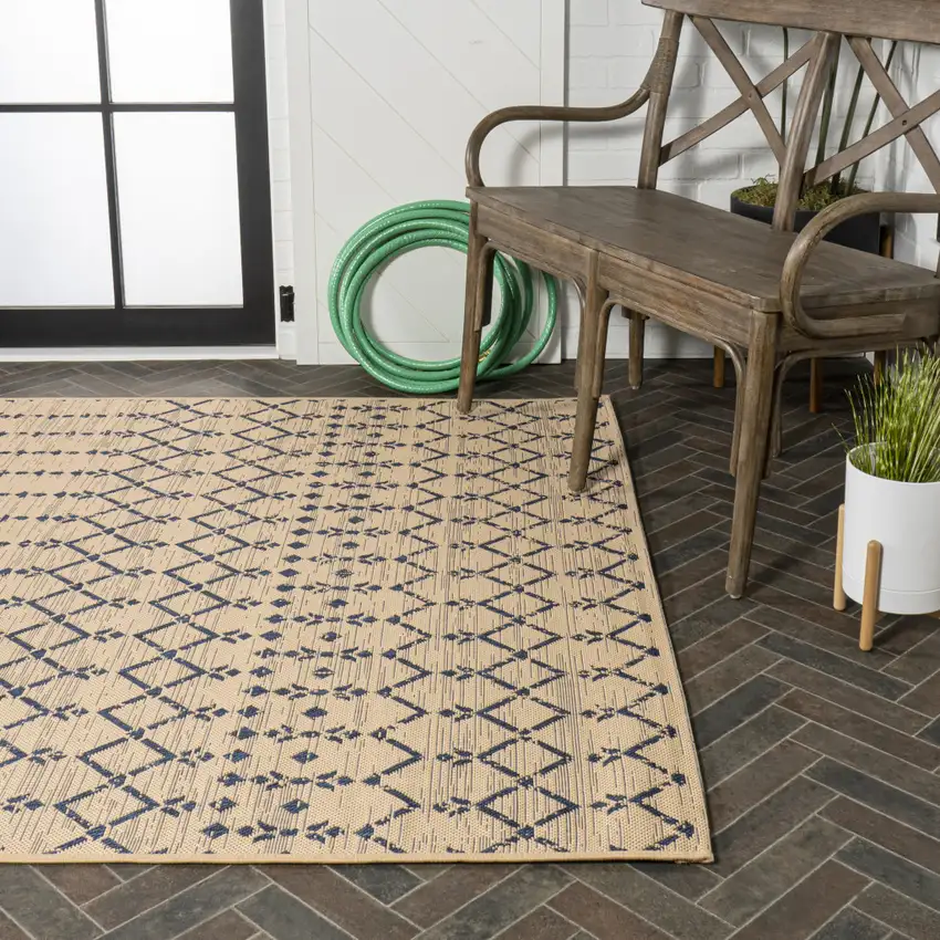 Beige And Navy Blue Trellis Indoor Outdoor Area Rug Photo 9