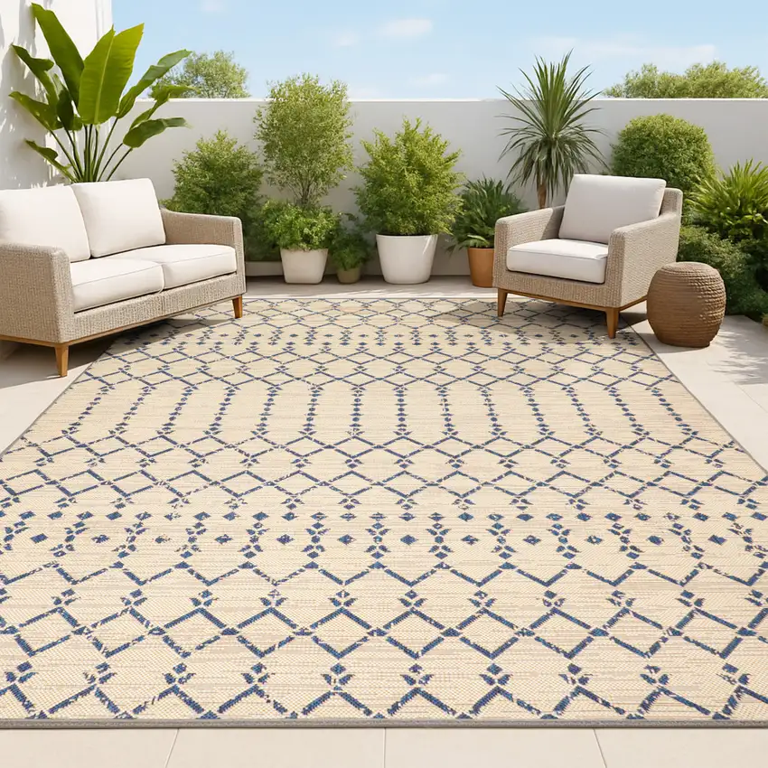 Beige And Navy Blue Trellis Indoor Outdoor Area Rug Photo 4