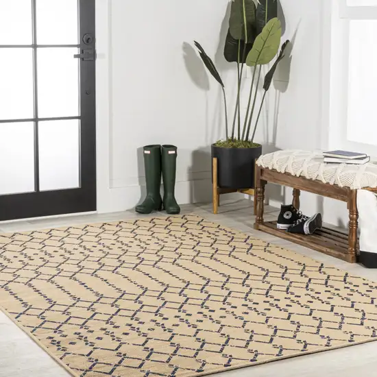 Beige And Navy Blue Trellis Indoor Outdoor Area Rug Photo 8