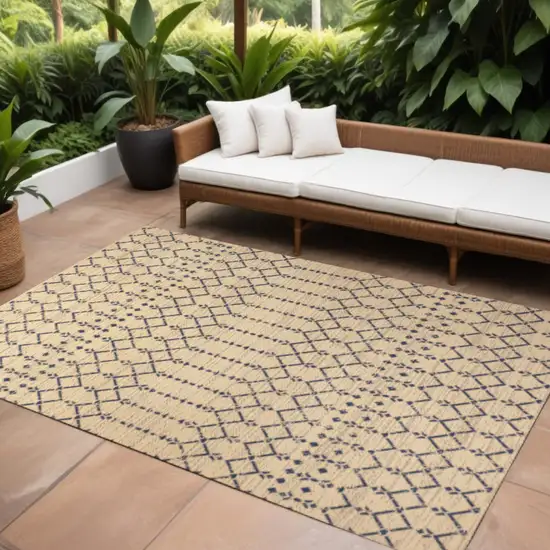 Beige And Navy Blue Trellis Indoor Outdoor Area Rug Photo 1