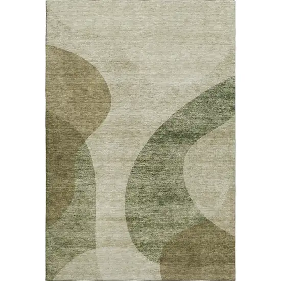 Beige And Olive Green Geometric Washable Area Rug With UV Protection Photo 1