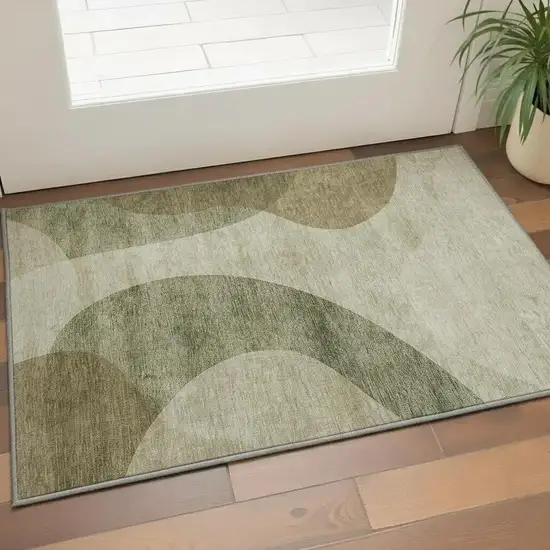 Beige And Olive Green Geometric Washable Area Rug With UV Protection Photo 2