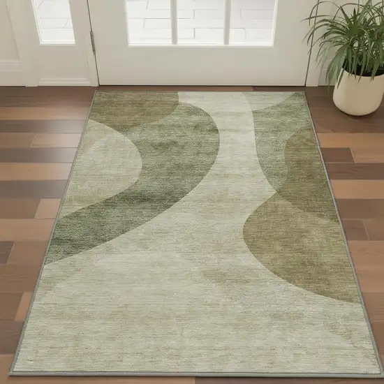 Beige And Olive Green Geometric Washable Area Rug With UV Protection Photo 3