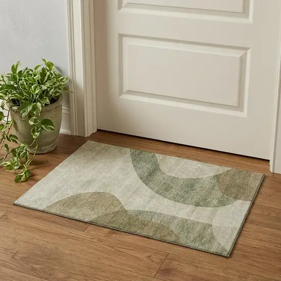 Beige And Olive Green Geometric Washable Area Rug With UV Protection Photo 1