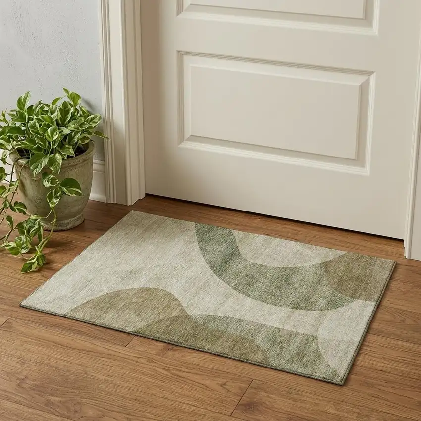 Beige And Olive Green Geometric Washable Area Rug With UV Protection Photo 1