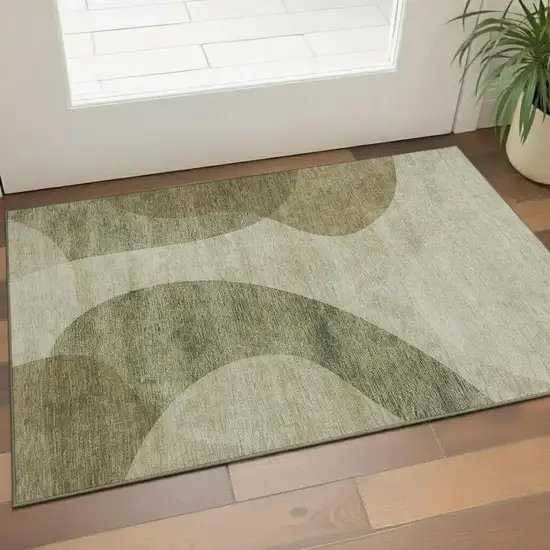 Beige And Olive Green Geometric Washable Area Rug With UV Protection Photo 1