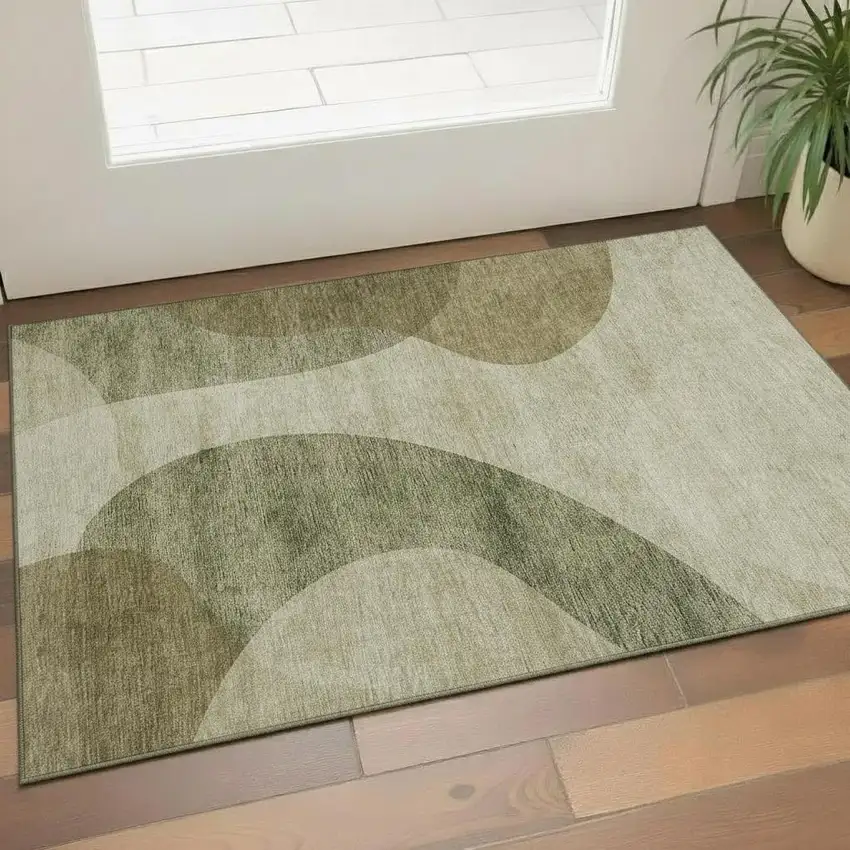 Beige And Olive Green Geometric Washable Area Rug With UV Protection Photo 1