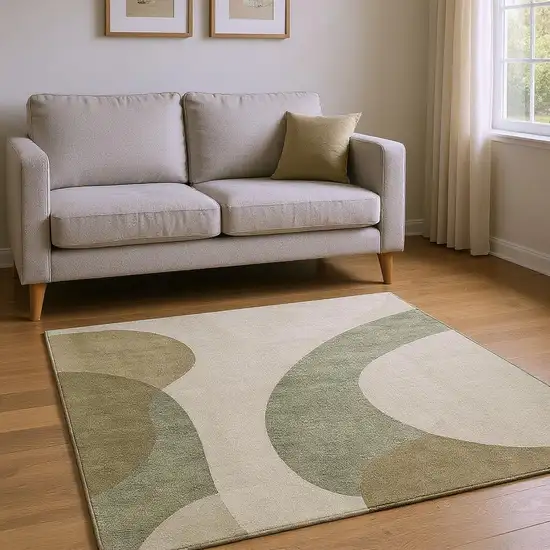 Beige And Olive Green Geometric Washable Area Rug With UV Protection Photo 2