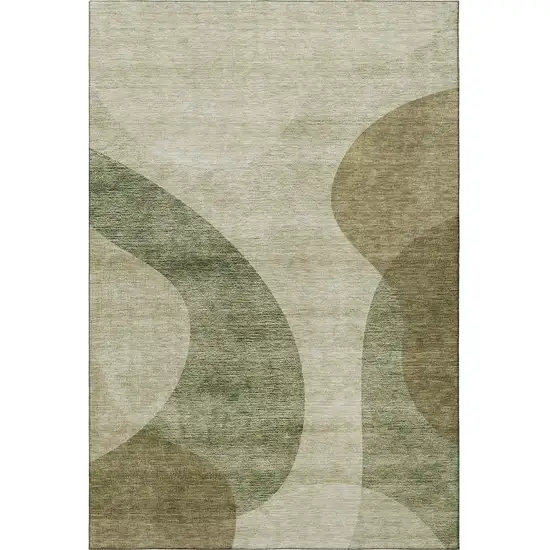 Beige And Olive Green Geometric Washable Area Rug With UV Protection Photo 4