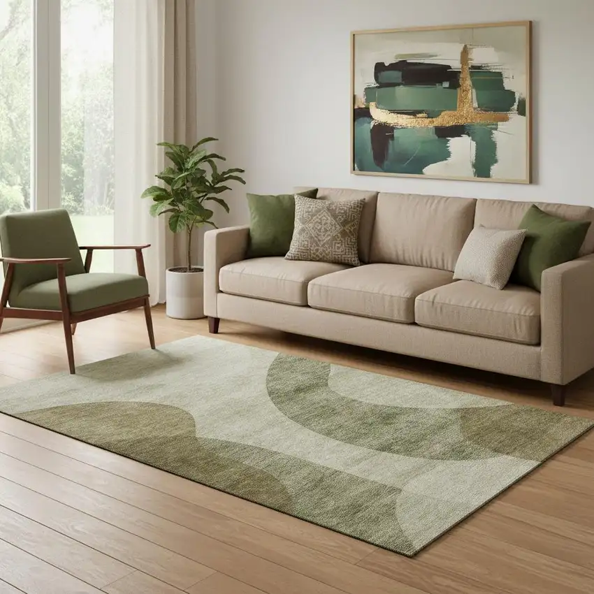 Beige And Olive Green Geometric Washable Area Rug With UV Protection Photo 1