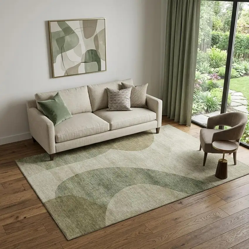 Beige And Olive Green Geometric Washable Area Rug With UV Protection Photo 1