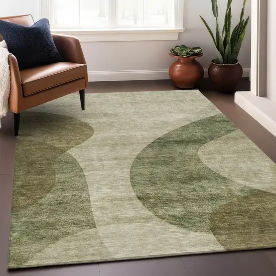 Beige And Olive Green Geometric Washable Area Rug With UV Protection Photo 6