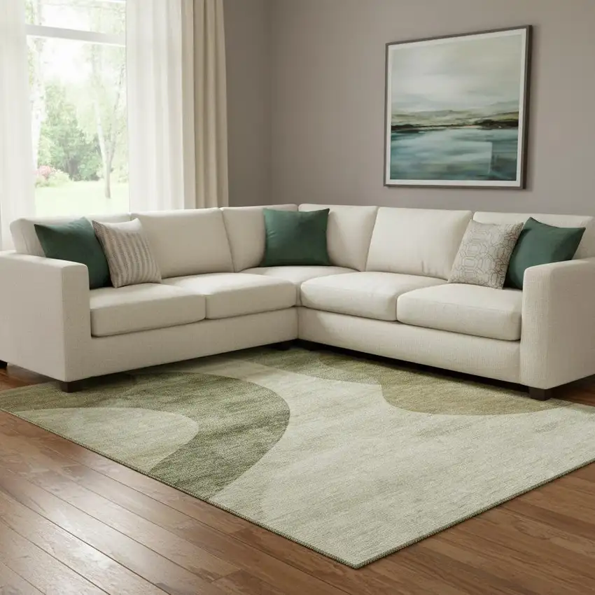 Beige And Olive Green Geometric Washable Area Rug With UV Protection Photo 1