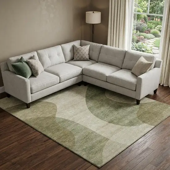 Beige And Olive Green Geometric Washable Area Rug With UV Protection Photo 1