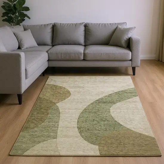 Beige And Olive Green Geometric Washable Area Rug With UV Protection Photo 2