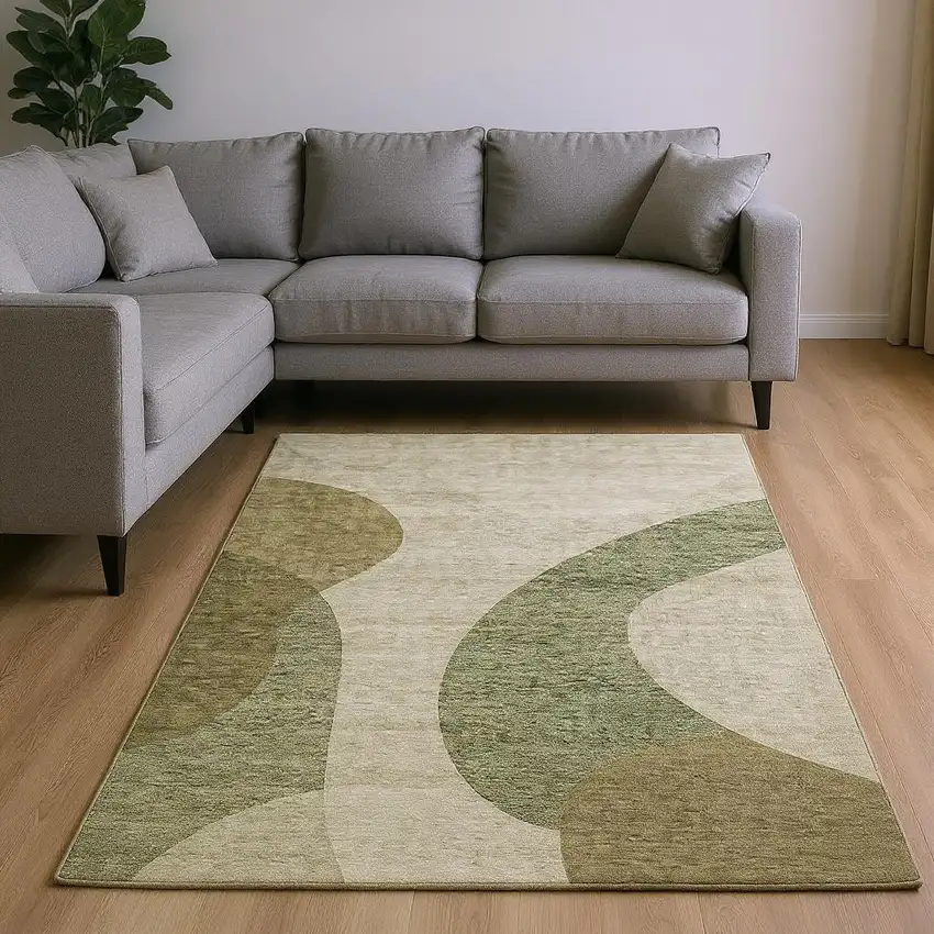Beige And Olive Green Geometric Washable Area Rug With UV Protection Photo 2