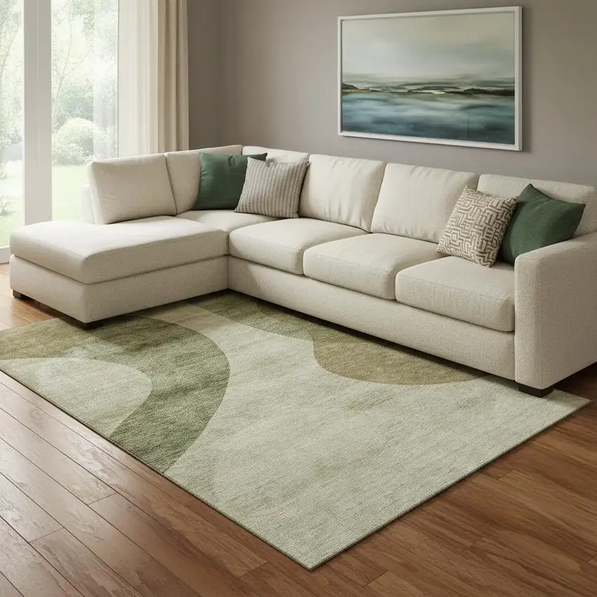 Beige And Olive Green Geometric Washable Area Rug With UV Protection Photo 1