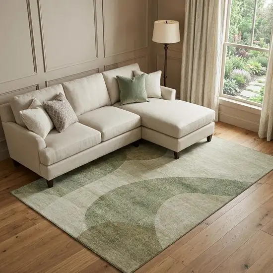 Beige And Olive Green Geometric Washable Area Rug With UV Protection Photo 1