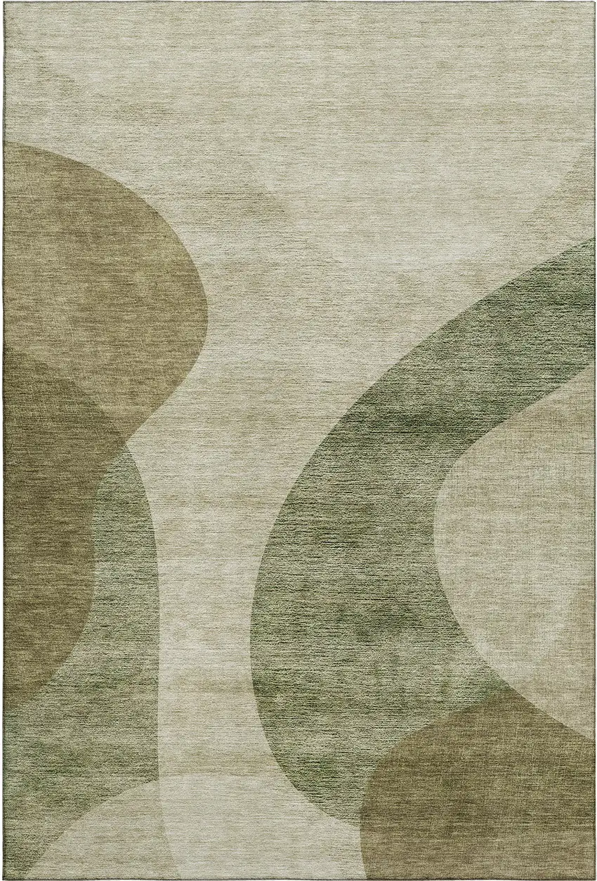 Beige And Olive Green Geometric Washable Area Rug With UV Protection Photo 1