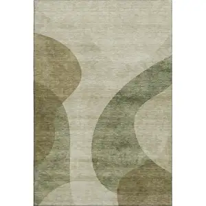 Photo of Beige And Olive Green Geometric Washable Area Rug With UV Protection