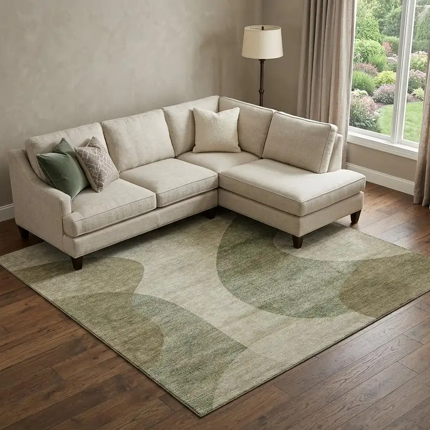 Beige And Olive Green Geometric Washable Area Rug With UV Protection Photo 1