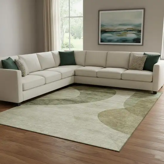 Beige And Olive Green Geometric Washable Area Rug With UV Protection Photo 1