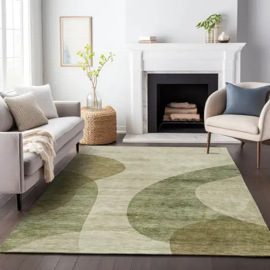 Beige And Olive Green Geometric Washable Area Rug With UV Protection Photo 5