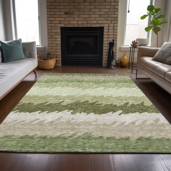 Beige And Olive Green Striped Washable Indoor Outdoor Area Rug Photo 7