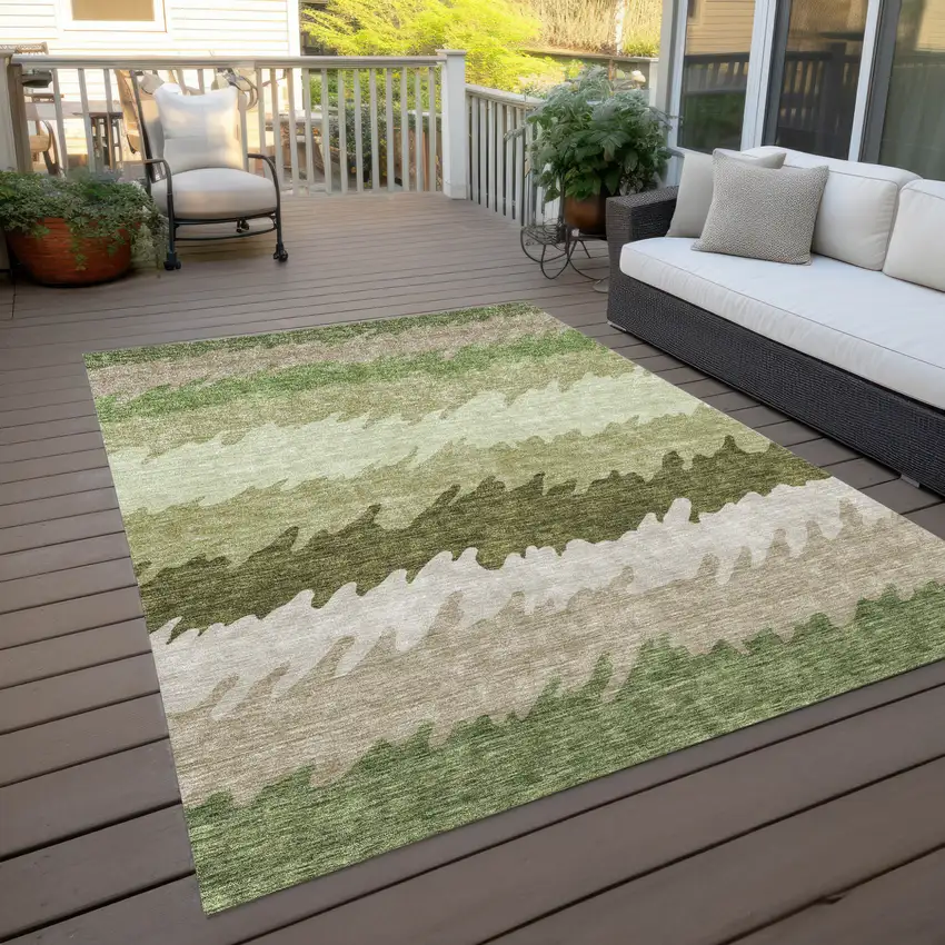 Beige And Olive Green Striped Washable Indoor Outdoor Area Rug Photo 9