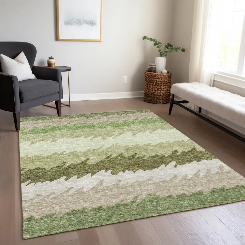 Beige And Olive Green Striped Washable Indoor Outdoor Area Rug Photo 9
