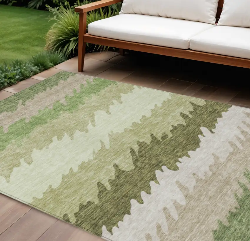 Beige And Olive Green Striped Washable Indoor Outdoor Area Rug Photo 1