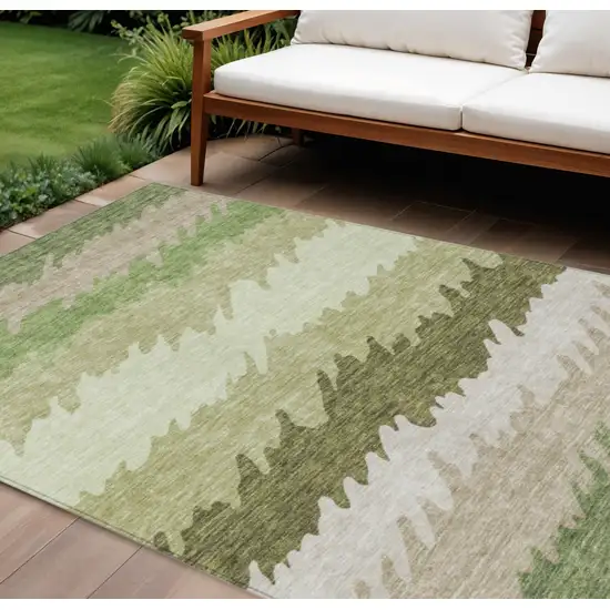 Beige And Olive Green Striped Washable Indoor Outdoor Area Rug Photo 1
