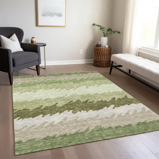 Beige And Olive Green Striped Washable Indoor Outdoor Area Rug Photo 7