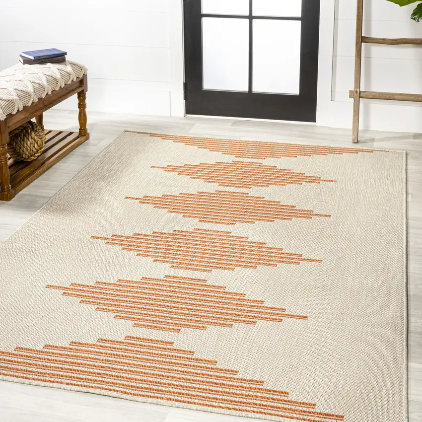 Beige And Orange Abstract Indoor Outdoor Area Rug Photo 5