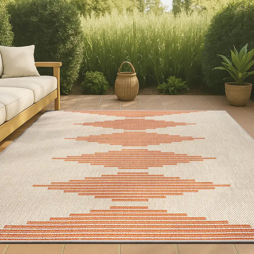 Beige And Orange Abstract Indoor Outdoor Area Rug Photo 4