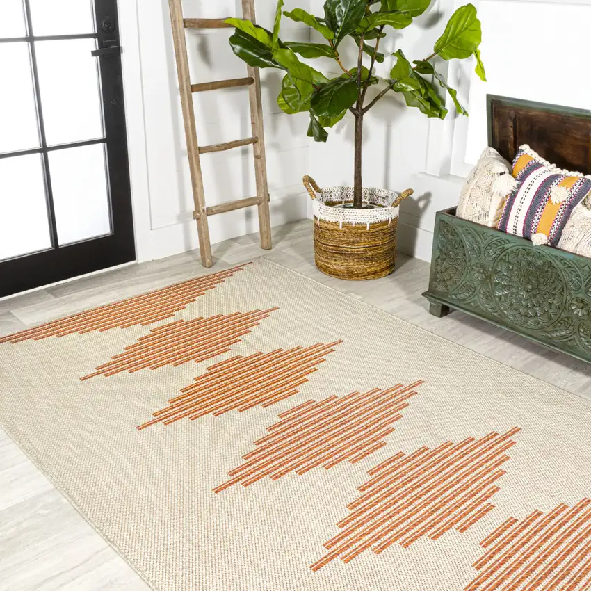 Beige And Orange Abstract Indoor Outdoor Area Rug Photo 7