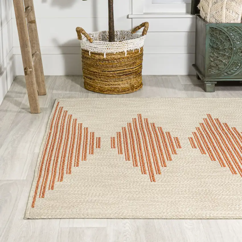 Beige And Orange Abstract Indoor Outdoor Area Rug Photo 6
