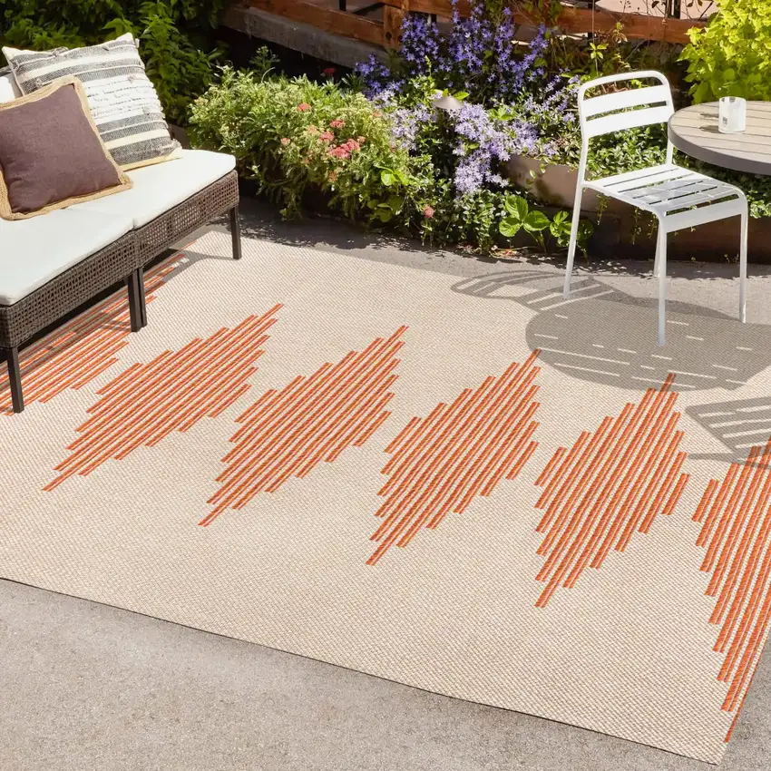 Beige And Orange Abstract Indoor Outdoor Area Rug Photo 9