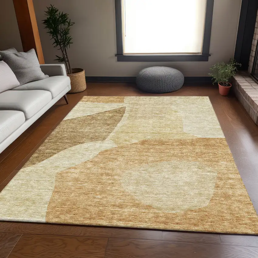 Beige And Orange Abstract Washable Area Rug With UV Protection Photo 2