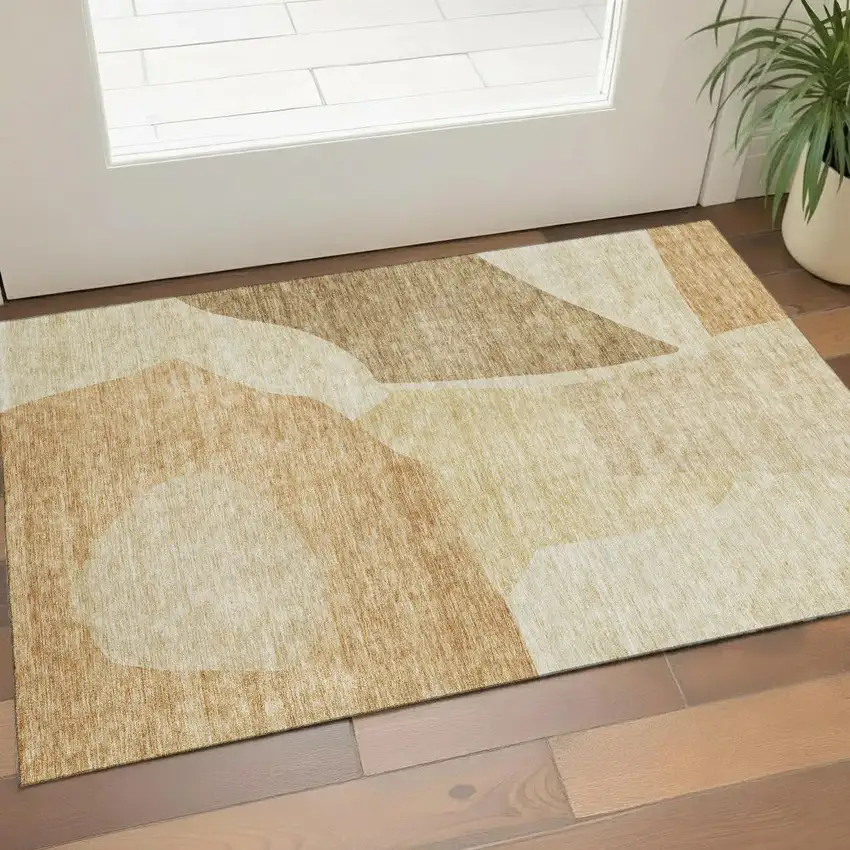 Beige And Orange Abstract Washable Area Rug With UV Protection Photo 1
